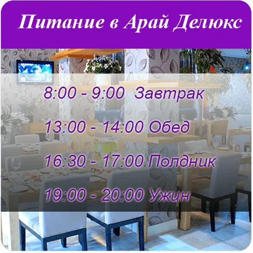 Арай Делюкс Сарыағаш шипажайындағы тамақтану уақыты